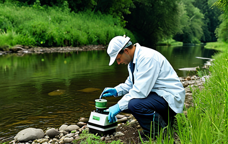 Environmental Monitoring**
"A scientist in appropriate field attire examining a water sample near a riverbank, surrounded by monitoring equipment. Lush greenery in the background. Safe for work, professional, fully clothed, perfect anatomy, natural proportions, high-resolution photo, realistic."
**