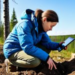 **

A professional environmental consultant, fully clothed in appropriate field attire (durable hiking boots, cargo pants, and a weather-resistant jacket), examines a soil sample in a Siberian forest. She's using a tablet to record data. The background shows diverse boreal trees and a clear blue sky. Safe for work, appropriate content, modest, family-friendly, perfect anatomy, correct proportions, natural pose, well-formed hands, proper finger count, natural body proportions, professional photography, high quality.

**