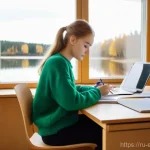 Home 10 환경보전기술자 자격증 공부 자료 - **A dedicated young Russian female student, aged around 18-20, is deeply engrossed in studying ecolo...