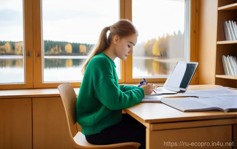 환경보전기술자 자격증 공부 자료 - **A dedicated young Russian female student, aged around 18-20, is deeply engrossed in studying ecolo...