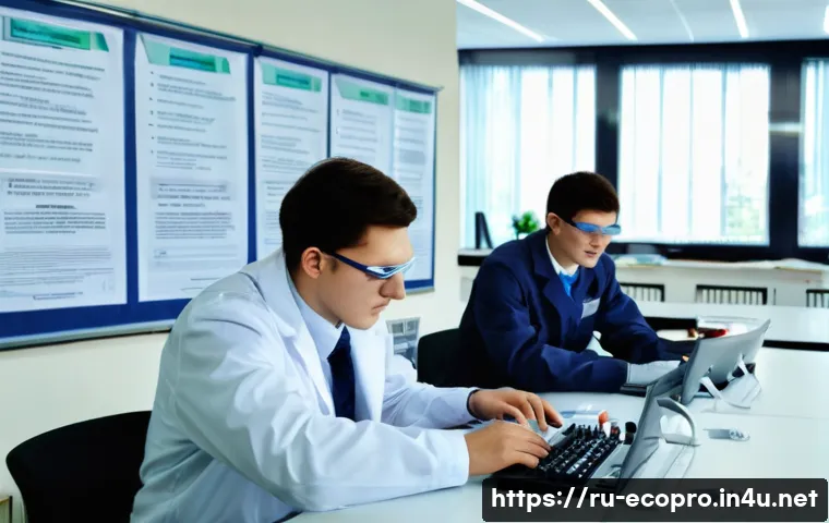 환경보전기술자 자격 취득 시험 일정 - A professional certification exam scene for environmental technology specialists in Russia, showing ...